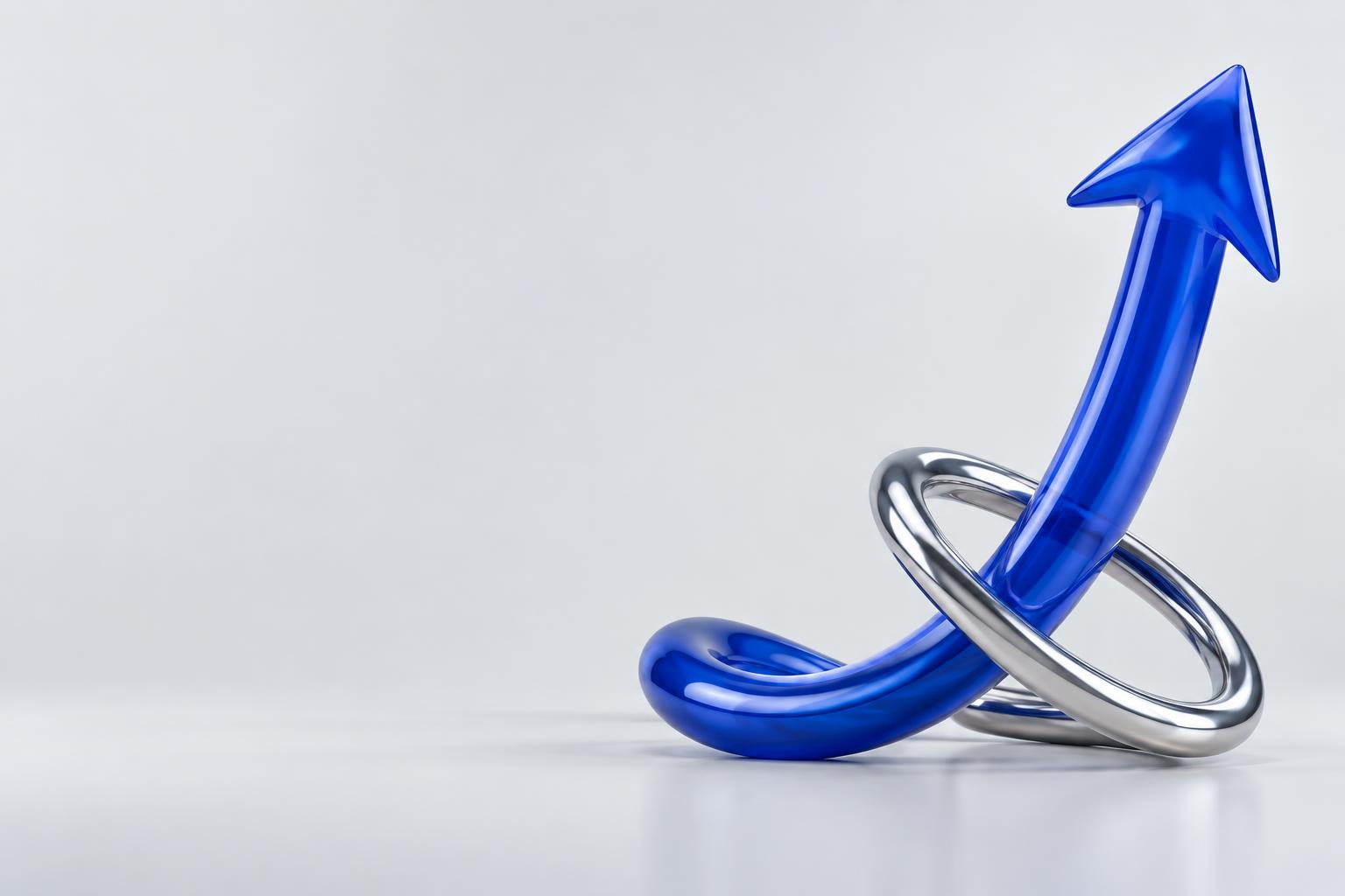 Sculptural blue arrow rising through a chrome ring